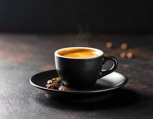 Fototapeta premium A steaming cup of espresso sits on a saucer, with coffee beans scattered around.