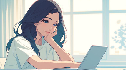タブレットを使って趣味を楽しむ女性キャラクターのイラスト。イラスト制作や動画鑑賞、読書など多彩なシーンを連想させる、クリエイティブで現代的な日常を表現した作品。