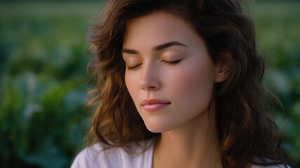Naklejka premium Serene woman with eyes closed in soft natural light her hair flowing gently