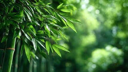 Obraz premium Lush green bamboo leaves and stalks create a serene natural background with soft bokeh