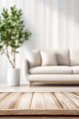 Wooden tabletop in bright natural light with blurred living room background, clear space in center for product placement.
