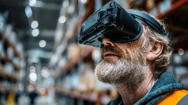 Man with beard wearing VR headset in a warehouse virtual reality bearded