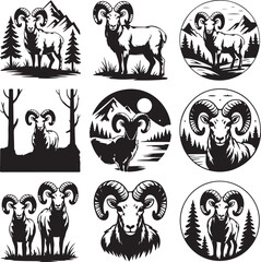 Nine Black Ram Illustrations in Natural Mountain and Forest Settings sheep nature