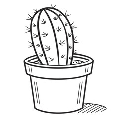 Cactus in a pot isolated on white background, a simple black and white line drawing of a succulent plant in a container