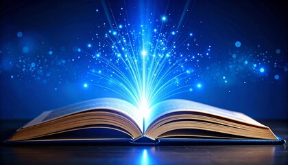 Open book emitting radiant blue light and sparkles into dark space, magical knowledge and fantasy concept