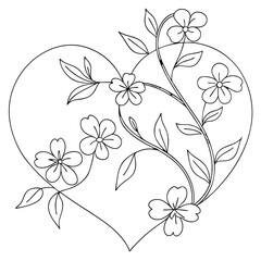 Floral heart illustration with flowers and leaves, isolated on white background
