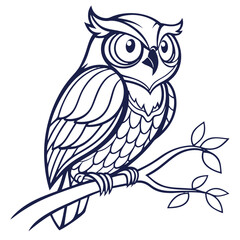 Illustration of an owl perched on a branch with leaves isolated on white background