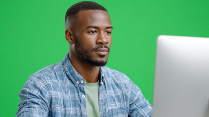 A focused man working on a computer with a green background, representing modern digital work environments.