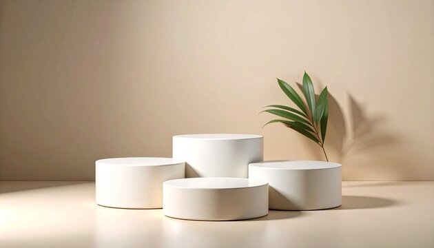 Four staggered white cylindrical podiums on beige surface and background, accented by green tropical leaves, soft minimal lighting