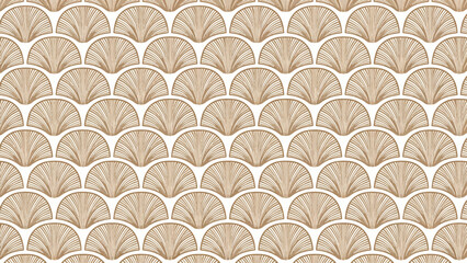 Seamless geometric pattern of half-circle fan shapes with fine radiating lines, arranged in a repetitive grid. Elegant brown and white color scheme, perfect for backgrounds or decorative design.