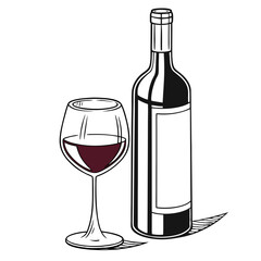 Wine bottle and glass with red wine isolated on white background in black and white