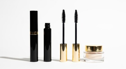 Obraz premium Luxury black mascara tubes with gold wands and face cream jar, professional makeup collection, elegant cosmetic beauty products for skincare isolated PNG with Transparent Background