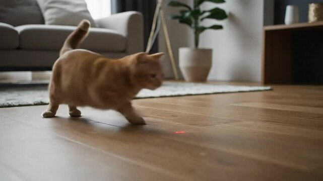 A playful ginger cat actively chasing a red laser pointer dot across the wooden floor of a modern and cozy living room interior.