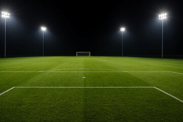 Awaiting the game under stadium lights the pristine soccer field glows ready for action in the calm quiet night on a