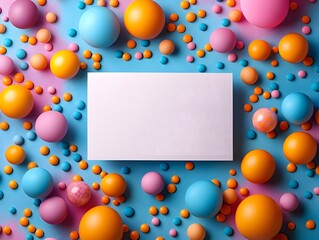 Vibrant colorful balloons and spheres surrounding a blank card with copy space