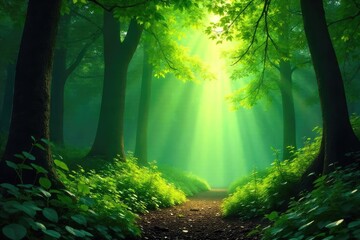Obraz premium Lush green forest background, dappled sunlight filtering through the canopy, creating a magical atmosphere Perfect for fantasy, nature, and environmental projects , fall, calm, fantasy