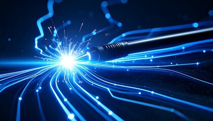 Intense Blue Light Welding Process with Sparks and Glowing Energy Trails