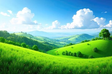Obraz premium Stunning panoramic view of a lush green earth landscape, featuring rolling hills, vibrant vegetation, and a clear blue sky Perfect for environmental, nature, and travel projects , countryside, nature