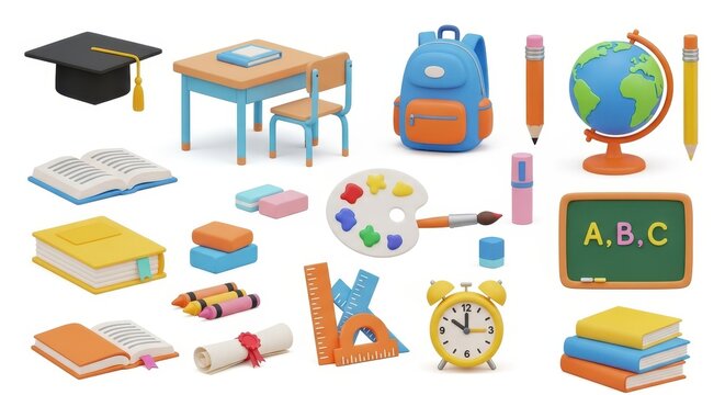 Colorful 3D cartoon school supplies and education icon set isolated on white - Powered by Adobe