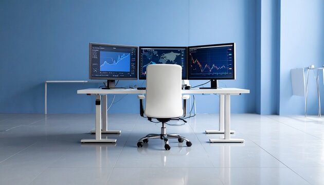 Modern white desk trading station with triple monitors showing colorful financial charts