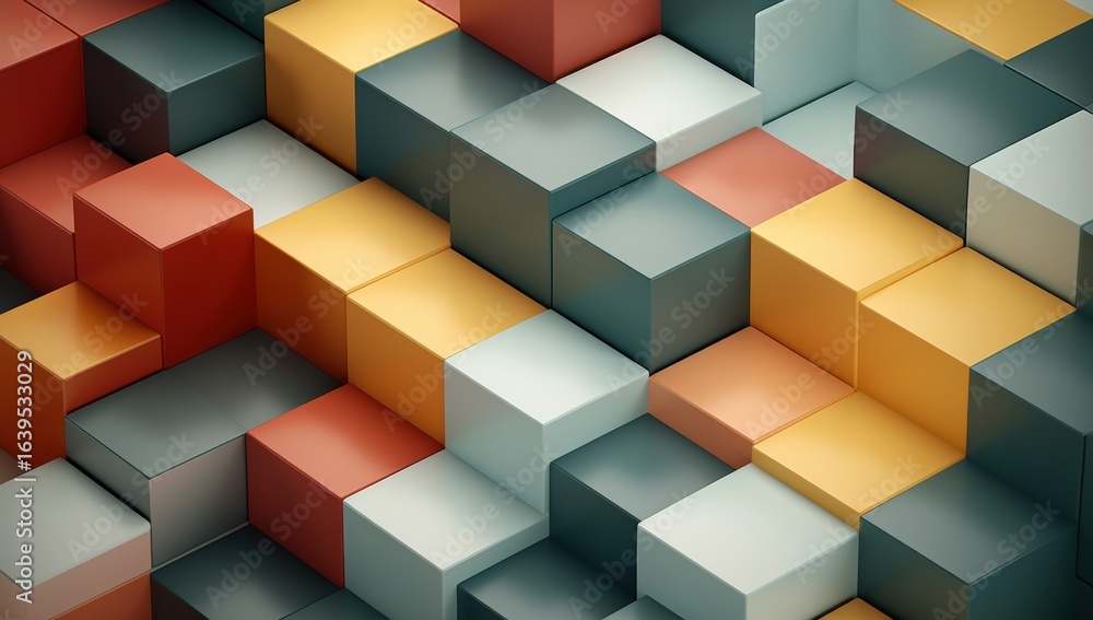 Poster colorful 3d cubes arranged in a staggered pattern, creating a geometric and modern abstract design w