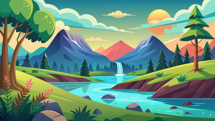Vector art of serene landscape featuring majestic mountains, a gentle river with a waterfall, and lush green hills under a colorful sunset sky, evoking natural beauty and tranquility