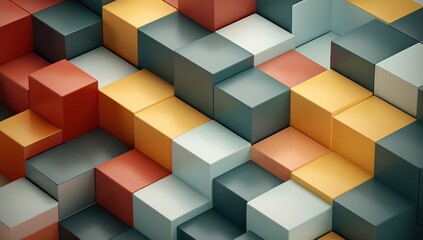 Obraz premium Colorful 3D cubes arranged in a staggered pattern, creating a geometric and modern abstract design with shades of orange, yellow, gray, and teal.