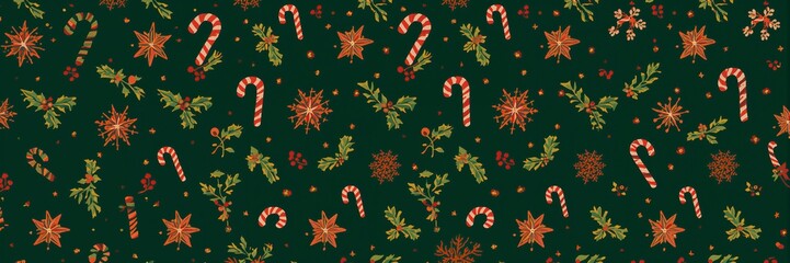A festive pattern featuring candy canes, poinsettias, and holly on a dark green background design