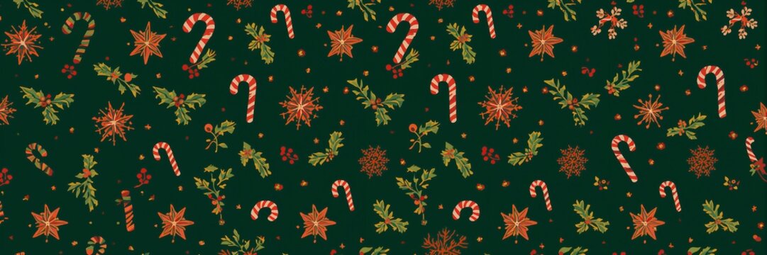 A festive pattern featuring candy canes, poinsettias, and holly on a dark green background design