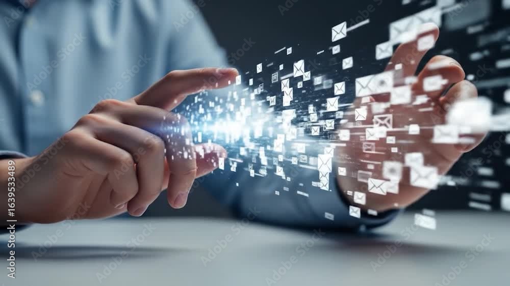 Aufkleber digital communication concept: person interacting with email envelope data stream