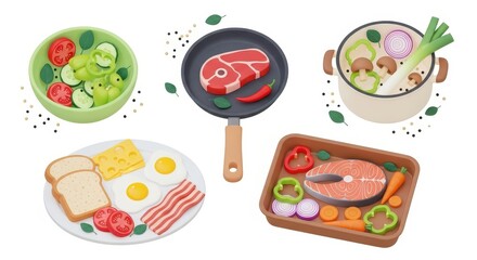 Collection of various food and meal illustrations isolated on white background