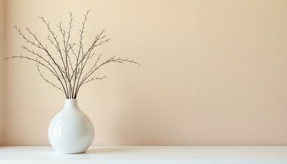 Minimalist vase with branches on white shelf against soft pastel background
