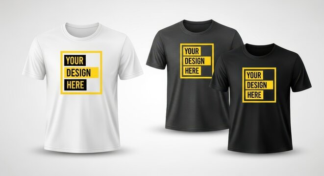 White, black, and grey t-shirt mockup set with "YOUR DESIGN HERE" text placeholder