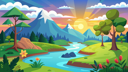 Naklejka premium Vector art of peaceful cartoon landscape with majestic mountains, a winding river, and a gentle waterfall under a vibrant sunset sky, highlighting natures tranquility