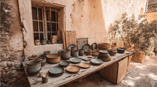 Charming collection of pottery at a flea market in an old village courtyard, showcasing handmade dishes and bowls