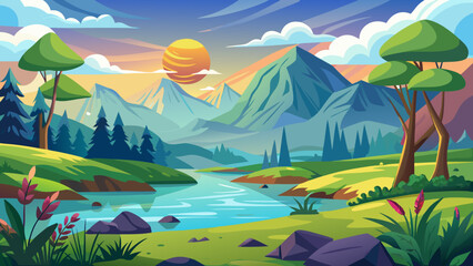 Vector art of vibrant mountain landscape at sunrise or sunset, featuring a flowing river, green hills, trees, and dramatic clouds illuminated by the sun