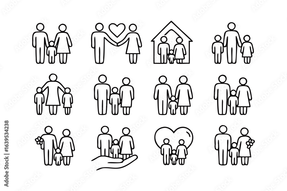 Poster Collection of Family Icon Set Representing Various Family Structures and Relationships in a Simple Line Art Style