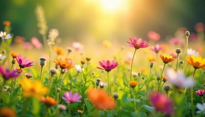 Fototapeta premium Vibrant Wildflowers Swaying in Spring Sunlight Renewal, Freedom, and Joyful Nature