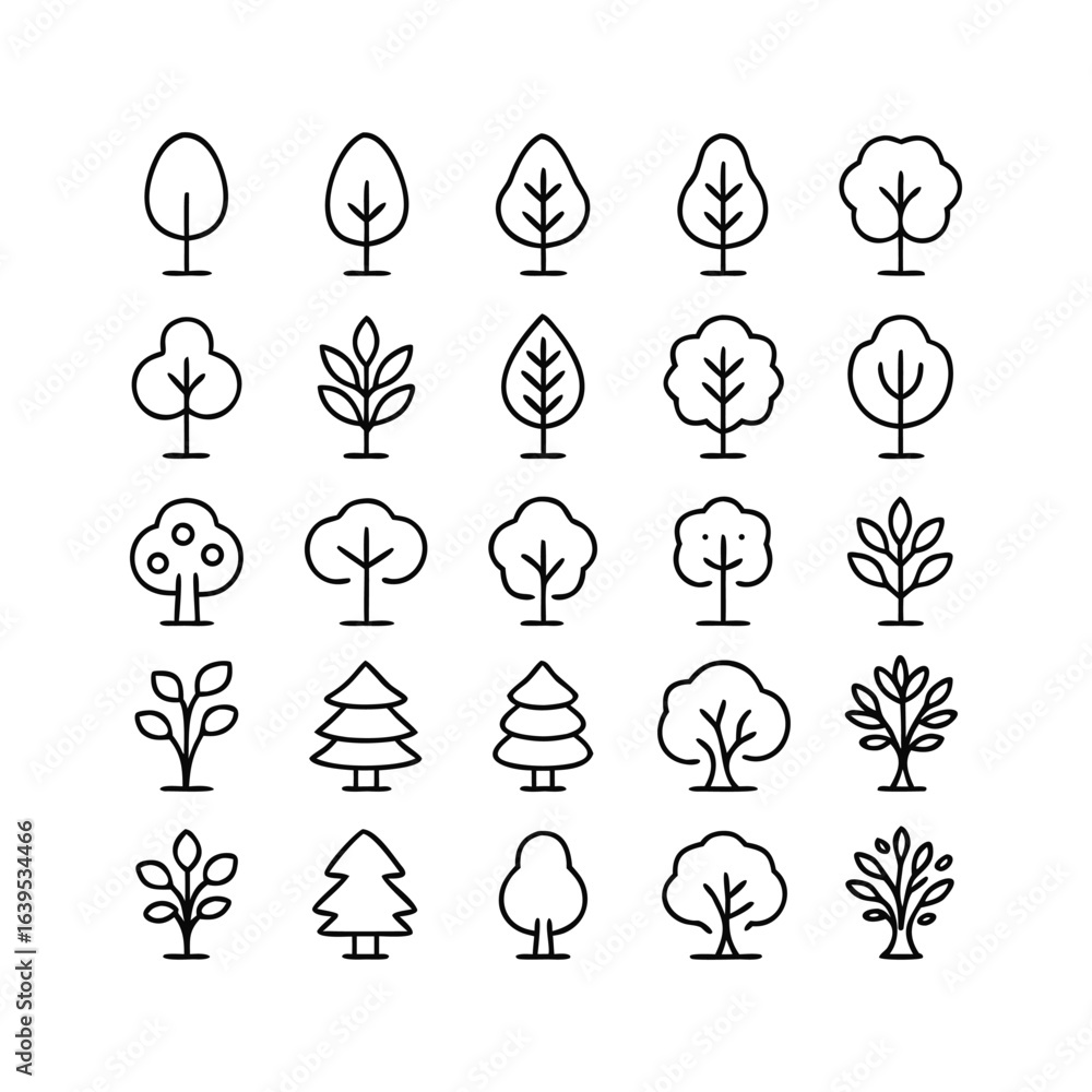Poster collection of tree icons in minimalist line art style diverse designs and botanical concepts in blac