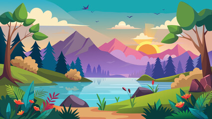 Fototapeta premium Vector art of artistic flat illustration of a peaceful natural scene with imposing purple mountains, a serene lake, lush greenery, trees, and a beautiful sunset