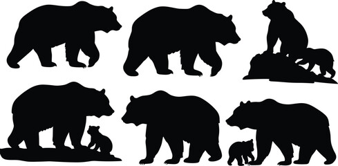 Bear silhouettes, wildlife, animal, walking, sitting, standing, cub, black, vector, nature, pose, forest