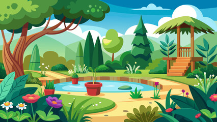 Obraz premium Vector art of a serene garden landscape featuring a tranquil pond, vibrant flowers, lush trees, and a wooden gazebo, creating a picturesque outdoor setting