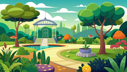 Vector art of charming cartoon depiction of a serene garden with a central pond, elegant pavilion, and abundant flora, set against a backdrop of gentle hills