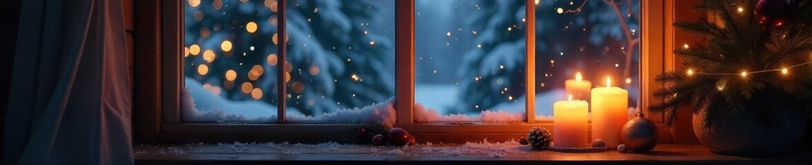 Fototapeta premium Cozy Winter Window Scene Candlelight Illuminates Snowy Landscape, Creating a Warm and Inviting Atmosphere Perfect for Relaxation