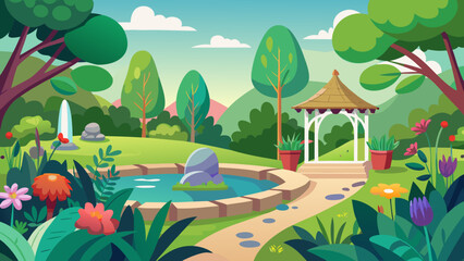 Naklejka premium Vector art of charming cartoon depiction of a serene garden featuring a tranquil pond with a small rock island, a winding path, blooming flowers, and a white gazebo surrounded by lush greenery