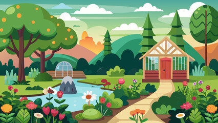 Fototapeta premium Vector art of vibrant cartoon illustration of a lush garden with a pond, flowers, trees, and a charming cottage, evoking a sense of natural beauty and tranquility
