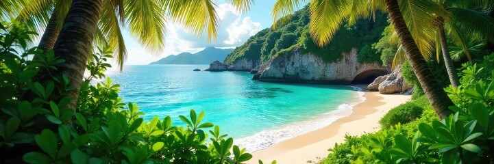 Naklejka premium Lush Green Vegetation Cascades onto a Pristine Turquoise Beach, Bathed in Sunlight; Tranquil Tropical Paradise Ideal for Travel and Nature Publications