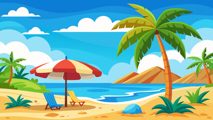 Obraz premium Vector art of idyllic tropical beach with palm trees, a striped umbrella, and chairs facing the calm ocean under a bright blue sky with clouds