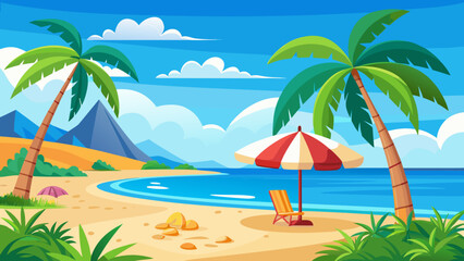 Obraz premium Vector art of a serene tropical beach vista featuring leaning palm trees, a red and white umbrella, and a chair on the sand beside the blue sea