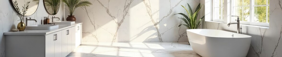Serene Modern Bathroom Freestanding Tub, Marble, Natural Light, Minimalist Design